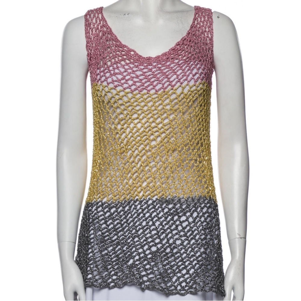 Rose Carmine Multicolor Metallic Crochet Handmade Knitting Cover Up Tank Top